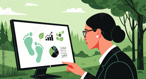 Businesswoman analyzing environmental data and carbon footprint on computer screen in a green natural setting
