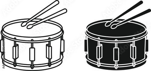 Snare drum vector icons featuring line art and solid black silhouette styles with drumsticks for music education percussion performance and orchestral branding