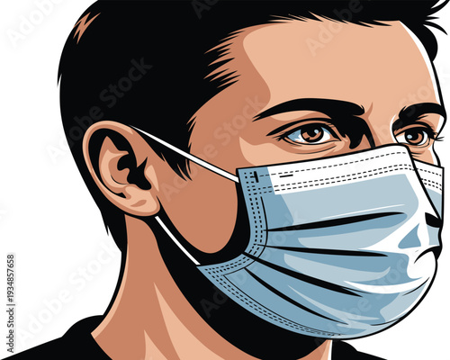 Man wearing a blue surgical face mask for health and medical concepts