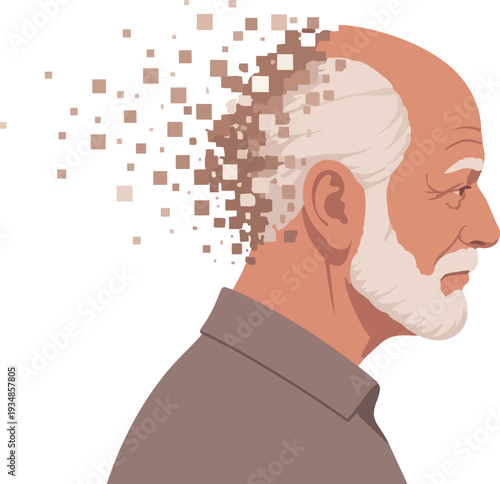 Mind of an old man being unbuilt and fading away concept art illustrating Alzheimer's disease