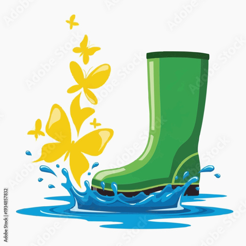 Green rubber boot splashing in water with yellow butterflies flying out.