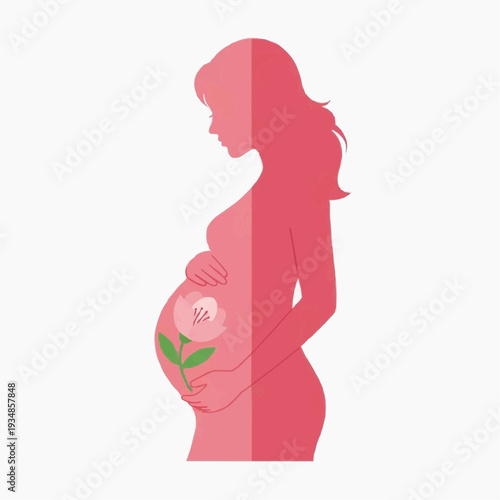 Pregnant woman silhouette with a flower blooming inside her belly, maternal love.