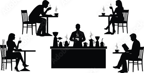 Silhouette of People Relaxing in a Coffee Shop with Barista Serving Hot Drinks at a Counter and Customers Sitting at Tables