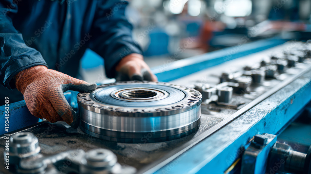 Obraz premium A factory operator replacing worn bearing in conveyor roller assembly.