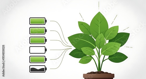 Green plant illustration connected to battery icons representing renewable energy and sustainability on a light background.