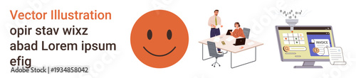 Business teamwork, cybersecurity, online safety, office management, identity verification, workplace productivity. Smiling face, two people working secure login screen. Cybersecurity and teamwork