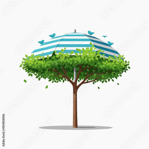 Tree with umbrella top and birds, nature and shelter concept