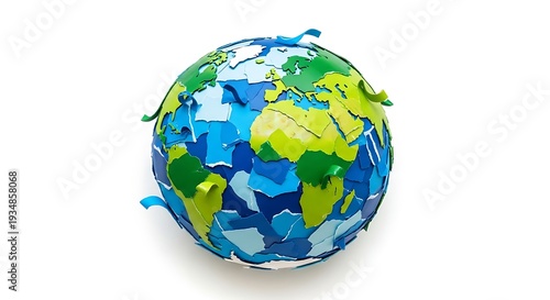 Earth globe made from torn paper pieces, representing environmental issues and recycling concept, isolated on white background