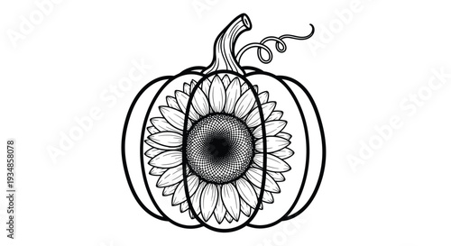 Artistic black and white line drawing of a pumpkin with a large sunflower integrated into its center for fall and autumn themes.