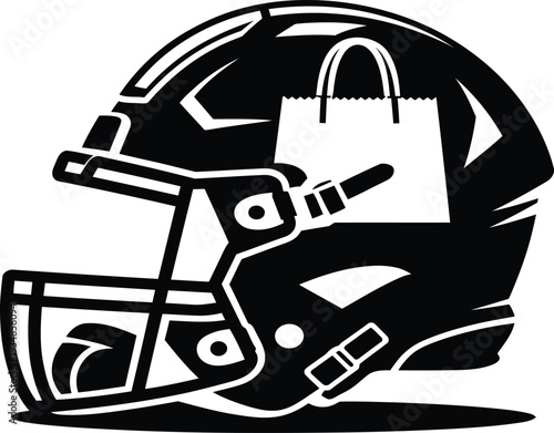 Black and white illustration of a football helmet with shopping bag