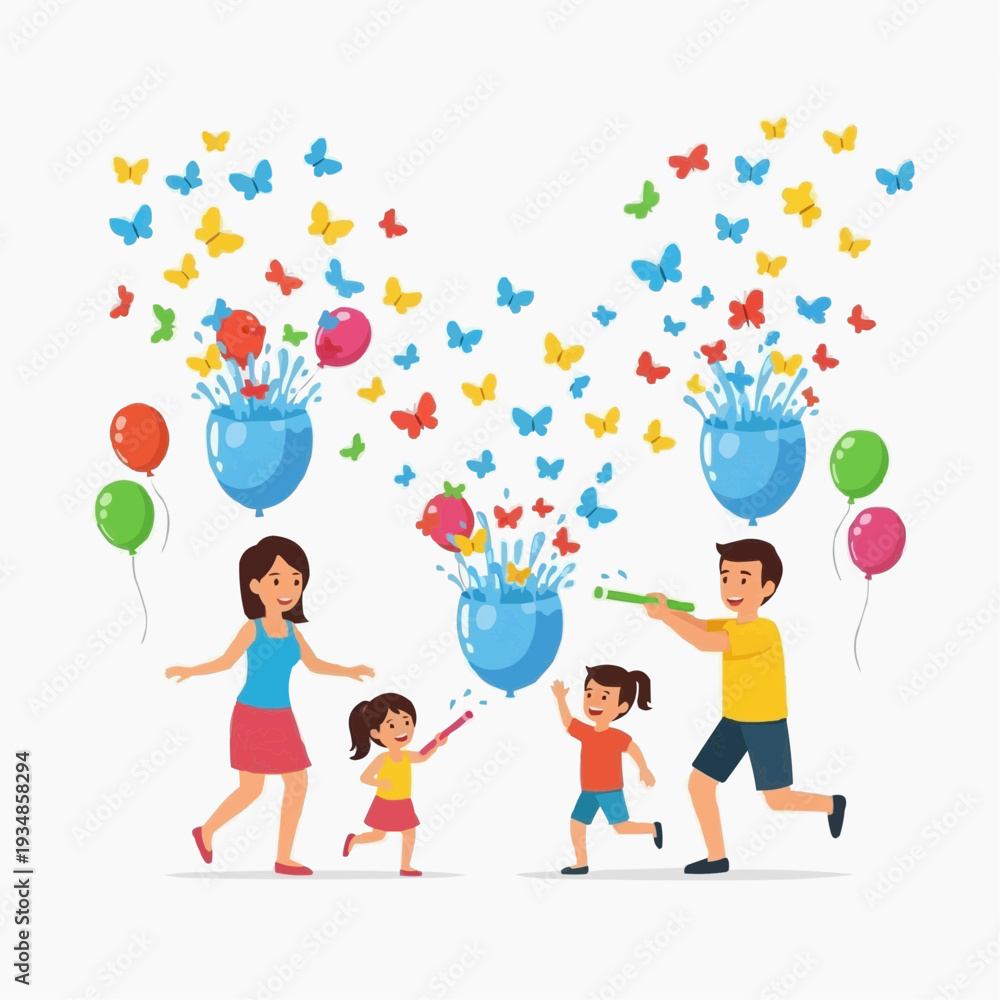 Naklejka premium Family celebrating with water guns, balloons, and butterflies