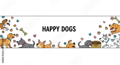 Wide banner illustration featuring a group of different happy dog breeds with bones and paw prints on a white background.