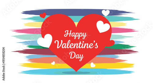 Colorful valentines day greeting card design with a large red heart and smaller hearts over a vibrant paint stroke background.