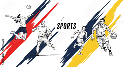 Dynamic Illustration of Volleyball and Basketball Players in Action.