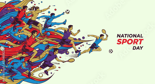 Vibrant illustration of athletes celebrating National Sport Day with dynamic poses and colors.