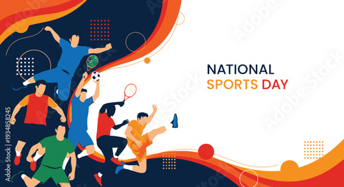 Vibrant illustration for National Sports Day celebration with diverse athletes.