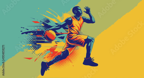 Dynamic Basketball Player in Action with Vibrant Colors.