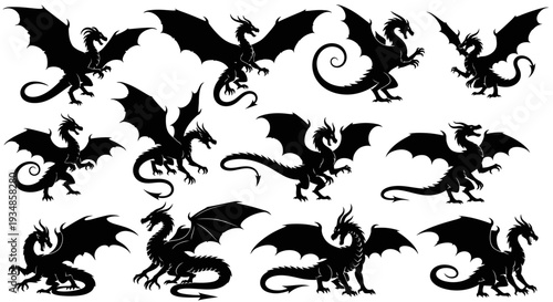 Collection of black dragon silhouettes in various flying and standing poses.