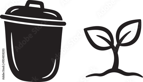 Trash Can and Growing Plant Simple Icon Illustration