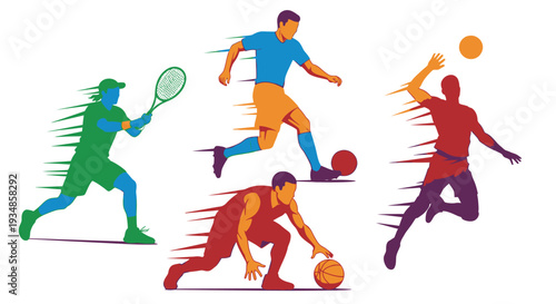 Vibrant illustration of athletes playing tennis and basketball.
