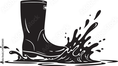Rubber Boot Splashing in Water with Big Droplets Falling