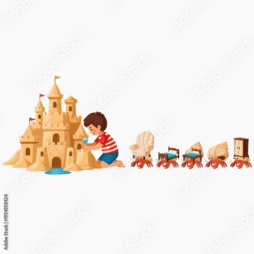 Boy builds sandcastle as hermit crabs with furniture homes march