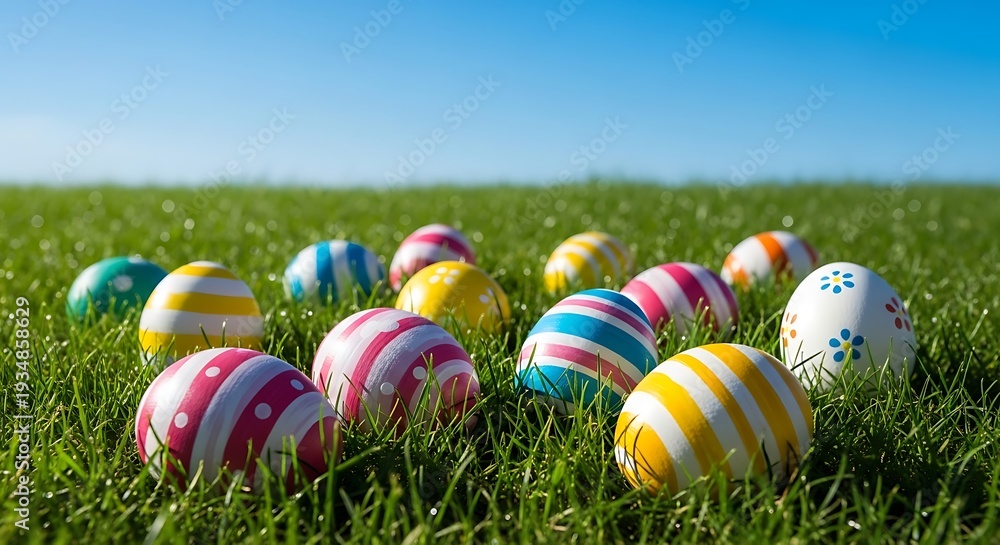 Fototapeta premium Close-up view of vibrant Easter eggs lying in green grass on a sunny day, symbolizing spring and holiday joy.