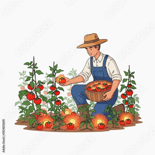 Farmer harvesting ripe red tomatoes in a sunny garden, holding a basket.