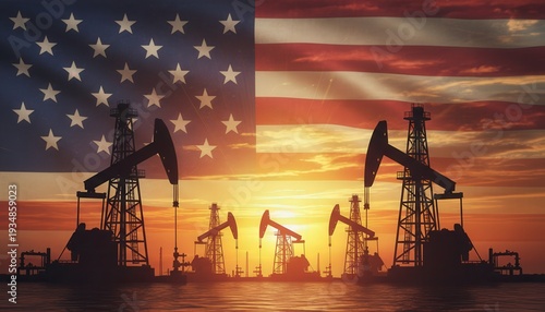 Oil Rigs at Sunset with American Flag Background