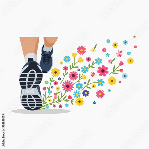 Runner's feet with flowers blooming from the ground, spring season.