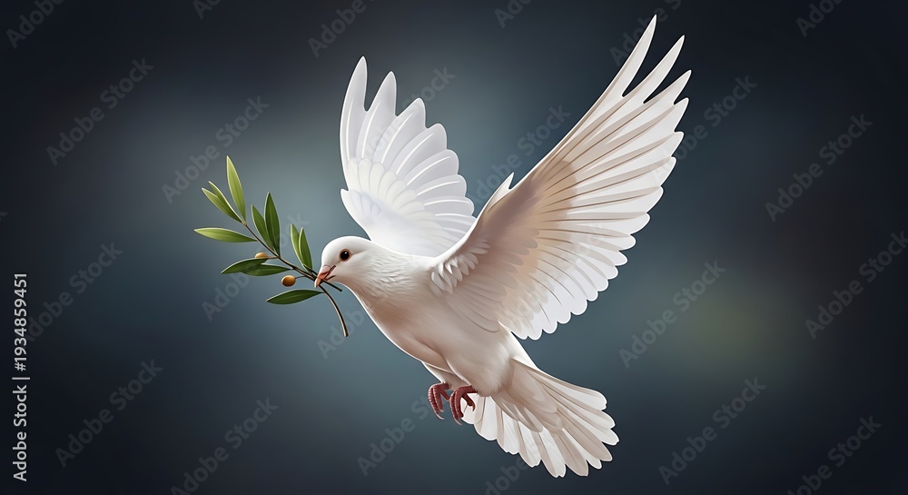 Fototapeta premium White dove flying with olive branch in beak
