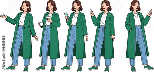 Modern young woman in green coat using smartphone and coffee cup, urban business lifestyle illustration isolated on white background design