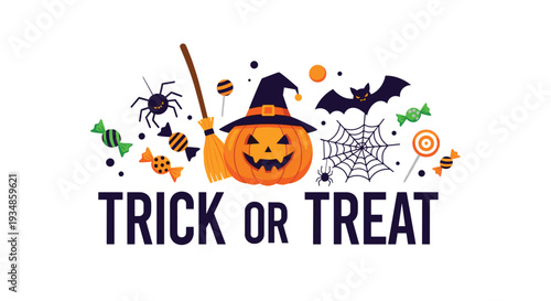 Festive halloween trick or treat banner featuring a carved pumpkin wearing a witch hat surrounded by spooky items.