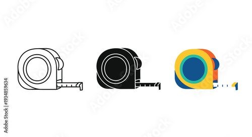 Vector illustration showing three distinct graphic styles of a retractable measuring tape, perfect for various design projects and construction concepts.