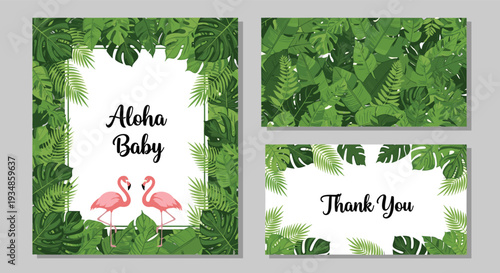 Set of tropical themed greeting cards with pink flamingos and lush green jungle leaves for a baby shower or event.
