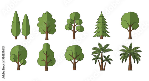 Diverse collection of different tree types including pine palm and deciduous trees shown in a flat vector style.