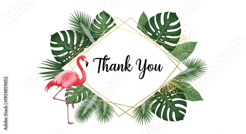 Elegant thank you card design featuring a graceful pink flamingo and tropical jungle leaves inside a gold frame.