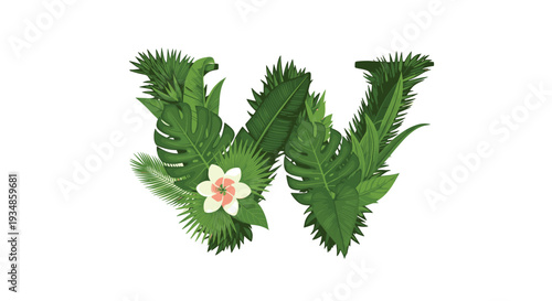 Decorative alphabet letter w crafted from various types of green tropical leaves and a single white plumeria flower.