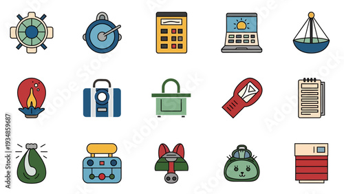 Assorted Cartoon Icons for Travel and Adventure Themes