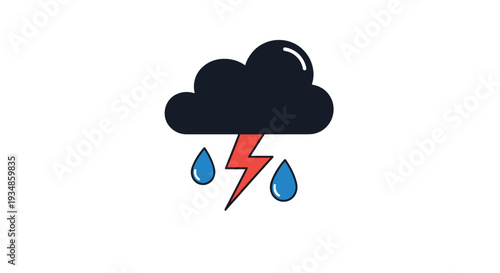 Dark storm cloud with a red lightning bolt and blue raindrops shown as a simple vector weather icon on white.