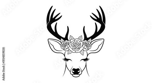 Elegant deer head with large antlers and a crown of blooming roses shown in a detailed black and white line art.