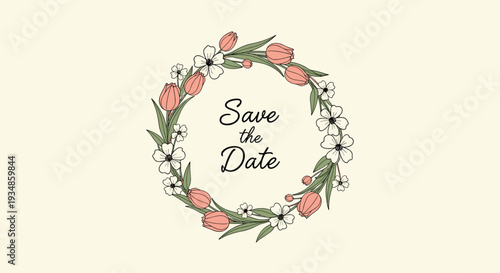 Save the date invitation card featuring a hand drawn floral wreath with pink tulips and white flowers on a cream background.