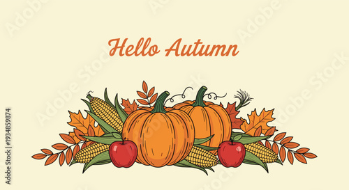Hello autumn banner with a central arrangement of pumpkins, apples, corn, and colorful fall leaves on a light beige background.