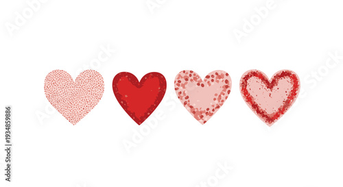 Row of four decorative heart shapes with different red and pink textures and patterns for Valentines Day or romantic designs.