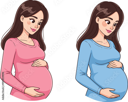 Pregnant woman gently holding baby bump, maternity and prenatal care illustration isolated on white background design