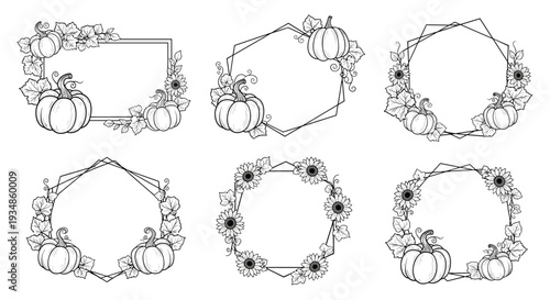 Collection of six hand drawn pumpkin and sunflower frames in black line art for autumn and thanksgiving invitations.