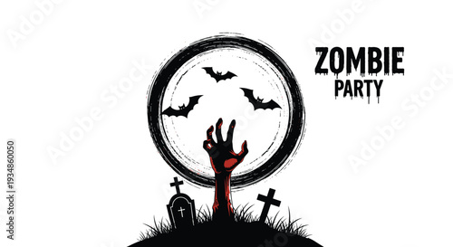 Zombie party invitation with a bloody hand reaching out from a grave in front of a full moon with bats and tombstones.