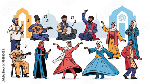 Vibrant Sufi Dancers and Musicians in Traditional Attire Performing Cultural Rituals