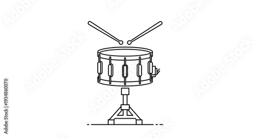 Simple black and white line art illustration of a snare drum with two drumsticks isolated on a white background.