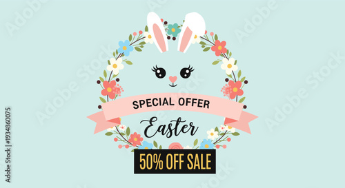 Easter special offer sale banner with a cute bunny face inside a floral wreath on a light blue pastel background.